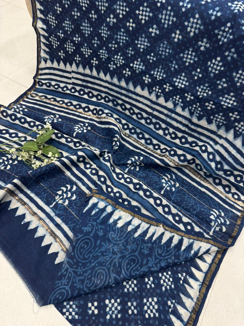 Indigo hand block printed Chanderi silk saree wholesale by Fabtexs