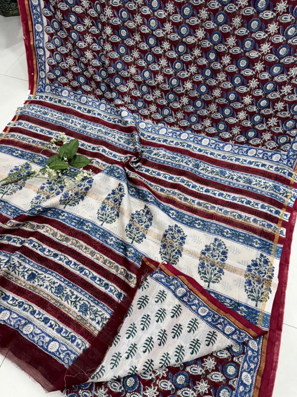 Chanderi silk saree wholesale in maroon and blue hand block print by Fabtexs