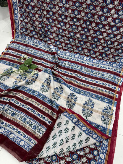 Chanderi silk saree wholesale in maroon and blue hand block print by Fabtexs