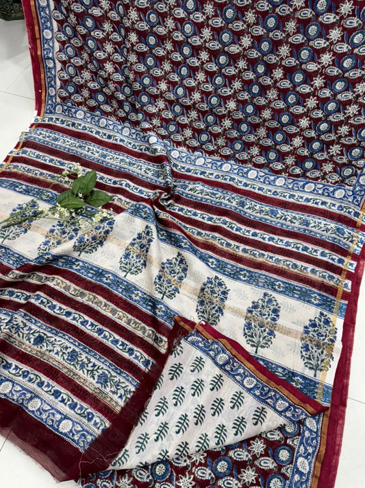 Chanderi silk saree wholesale in maroon and blue hand block print by Fabtexs