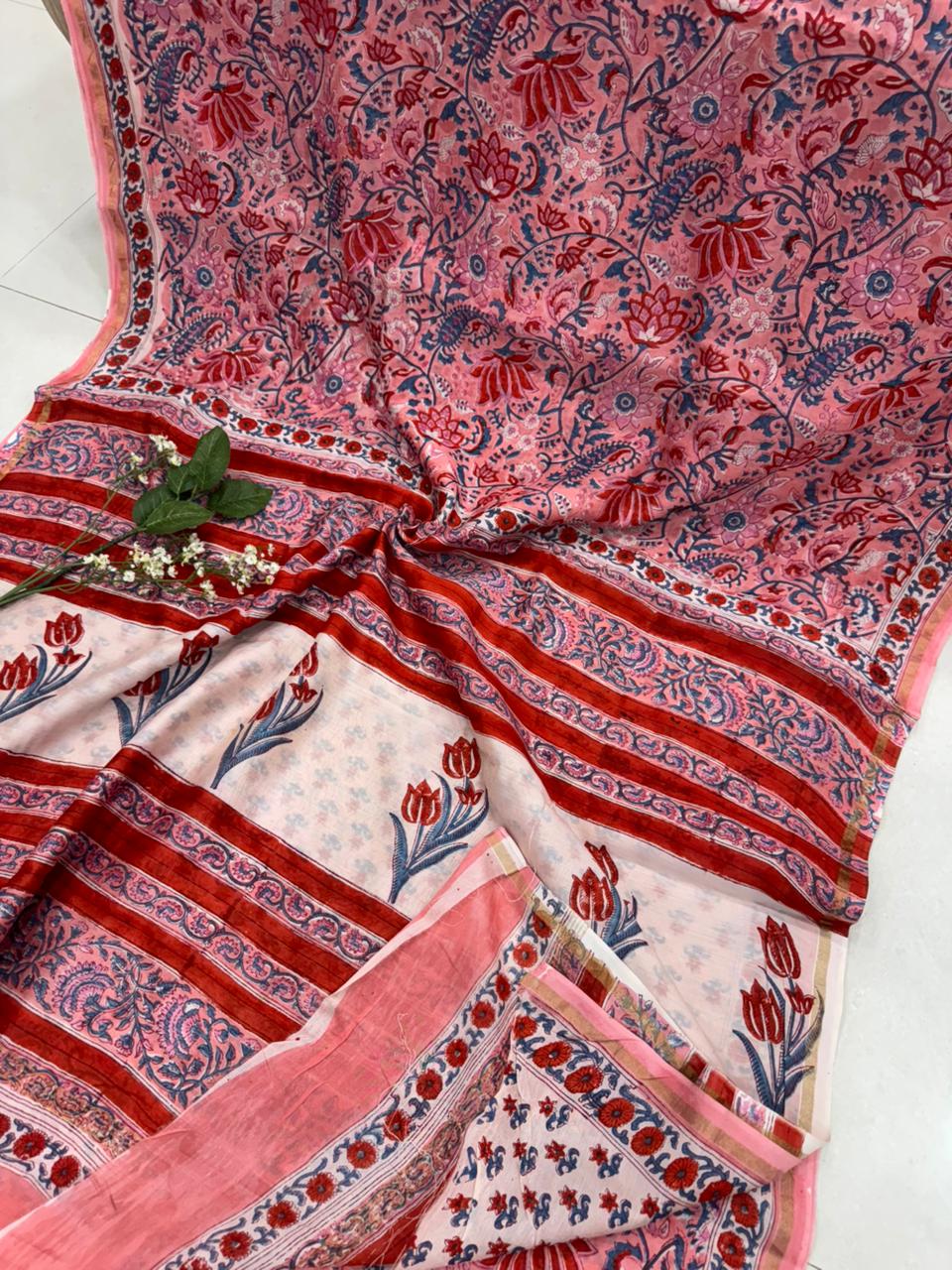 Maroon red hand block printed Chanderi silk saree wholesale by Fabtexs