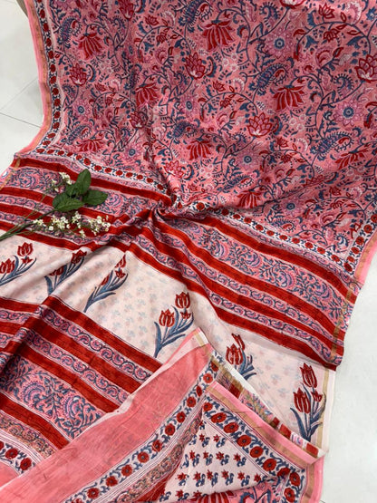 Maroon red hand block printed Chanderi silk saree wholesale by Fabtexs