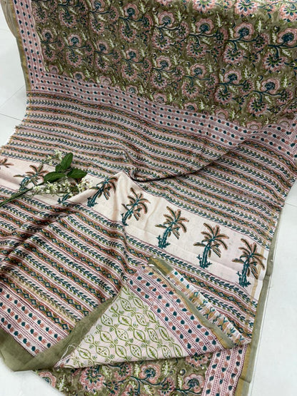 Olive brown hand block printed Chanderi silk saree wholesale by Fabtexs