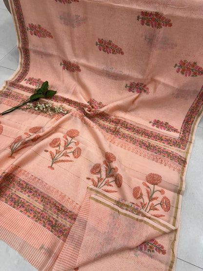 Peach hand block printed Chanderi silk saree wholesale by Fabtexs