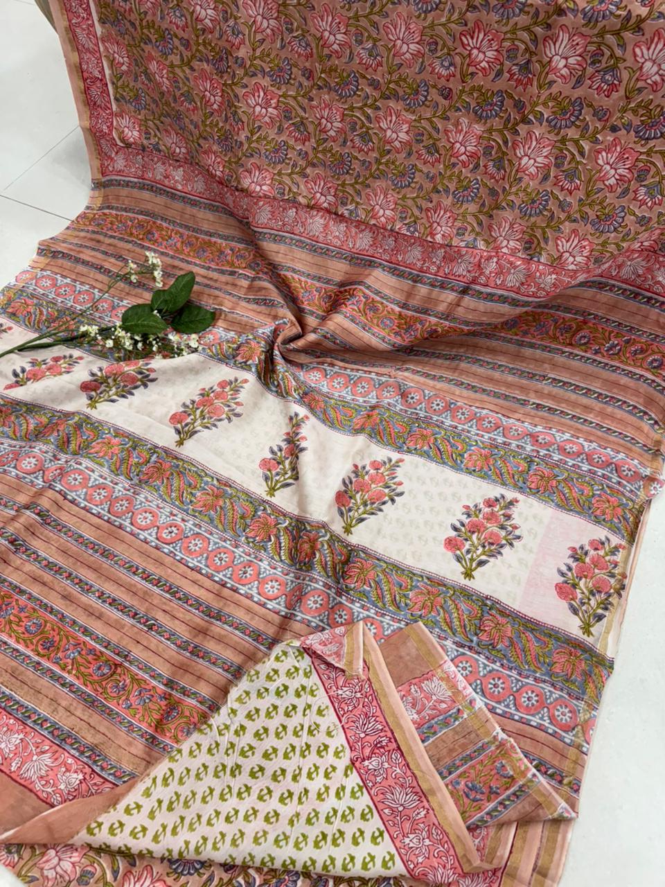 Peach green hand block printed Chanderi silk saree wholesale by Fabtexs