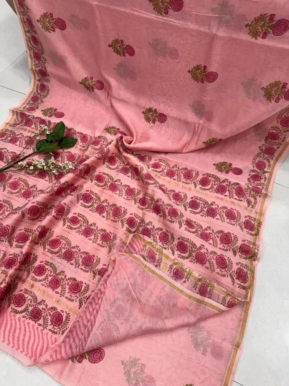 Peach red hand block printed Chanderi silk saree wholesale by Fabtexs