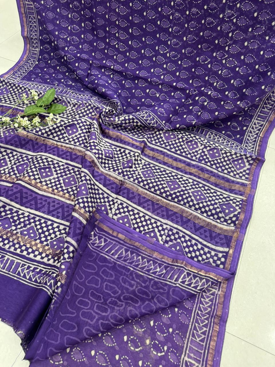 Purple cream hand block printed Chanderi silk saree wholesale by Fabtexs