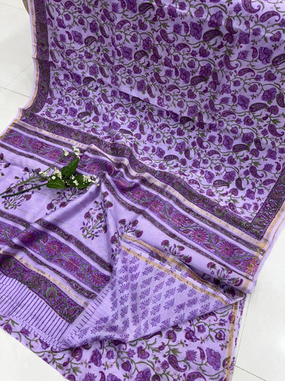 Purple hand block printed Chanderi silk saree wholesale by Fabtexs