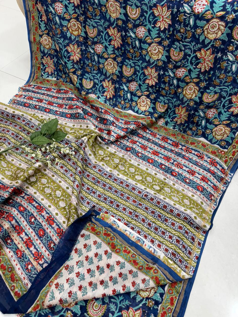 Red blue hand block printed Chanderi silk saree wholesale by Fabtexs