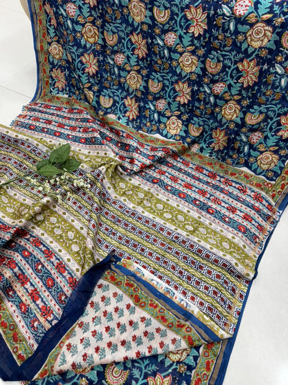 Red blue hand block printed Chanderi silk saree wholesale by Fabtexs