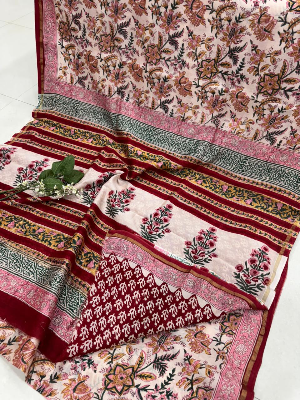 Red green peach hand block printed Chanderi silk saree wholesale by Fabtexs