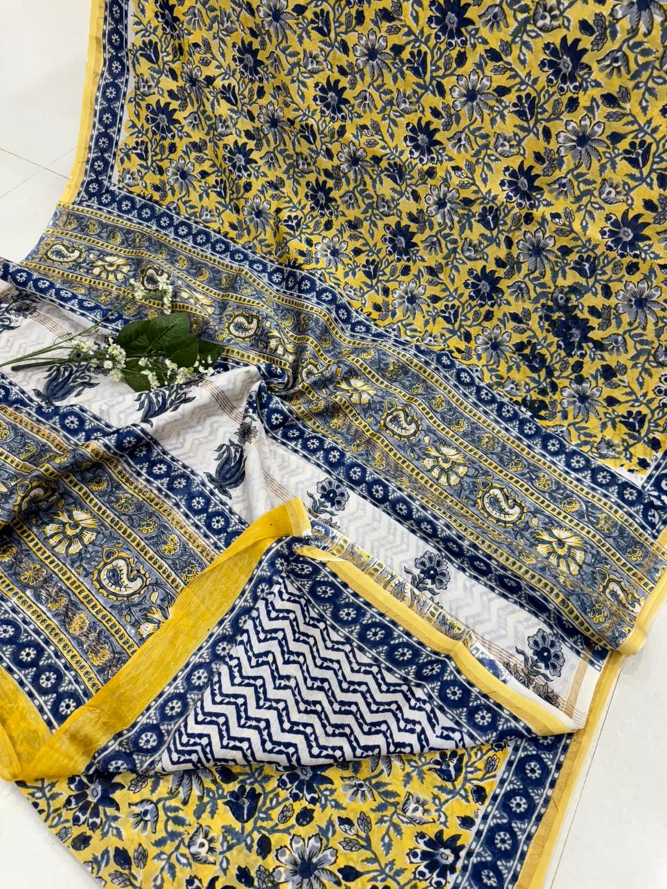Yellow blue hand block printed Chanderi silk saree wholesale by Fabtexs