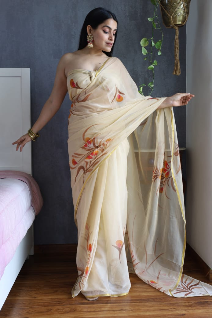 Beige Chiffon Zari Border Handpainted Saree – Elegant Designer Saree Wholesale