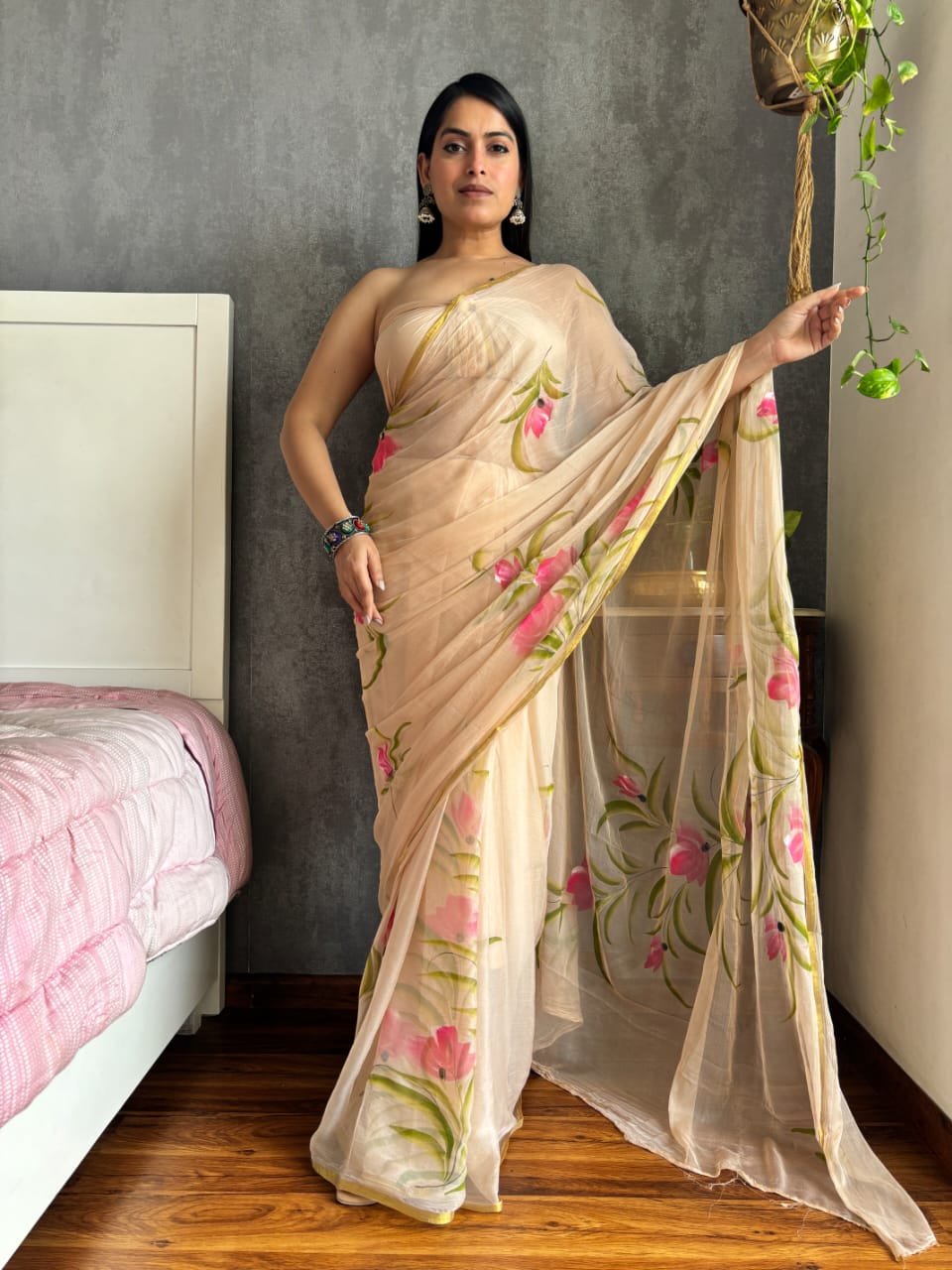 Beige Chiffon Zari Border Handpainted Saree with Pink Floral Design – Wholesale Partywear Saree