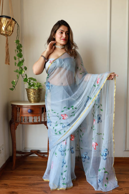 Light Blue Chiffon Zari Border Handpainted Saree with Floral Design – Designer Wholesale Saree
