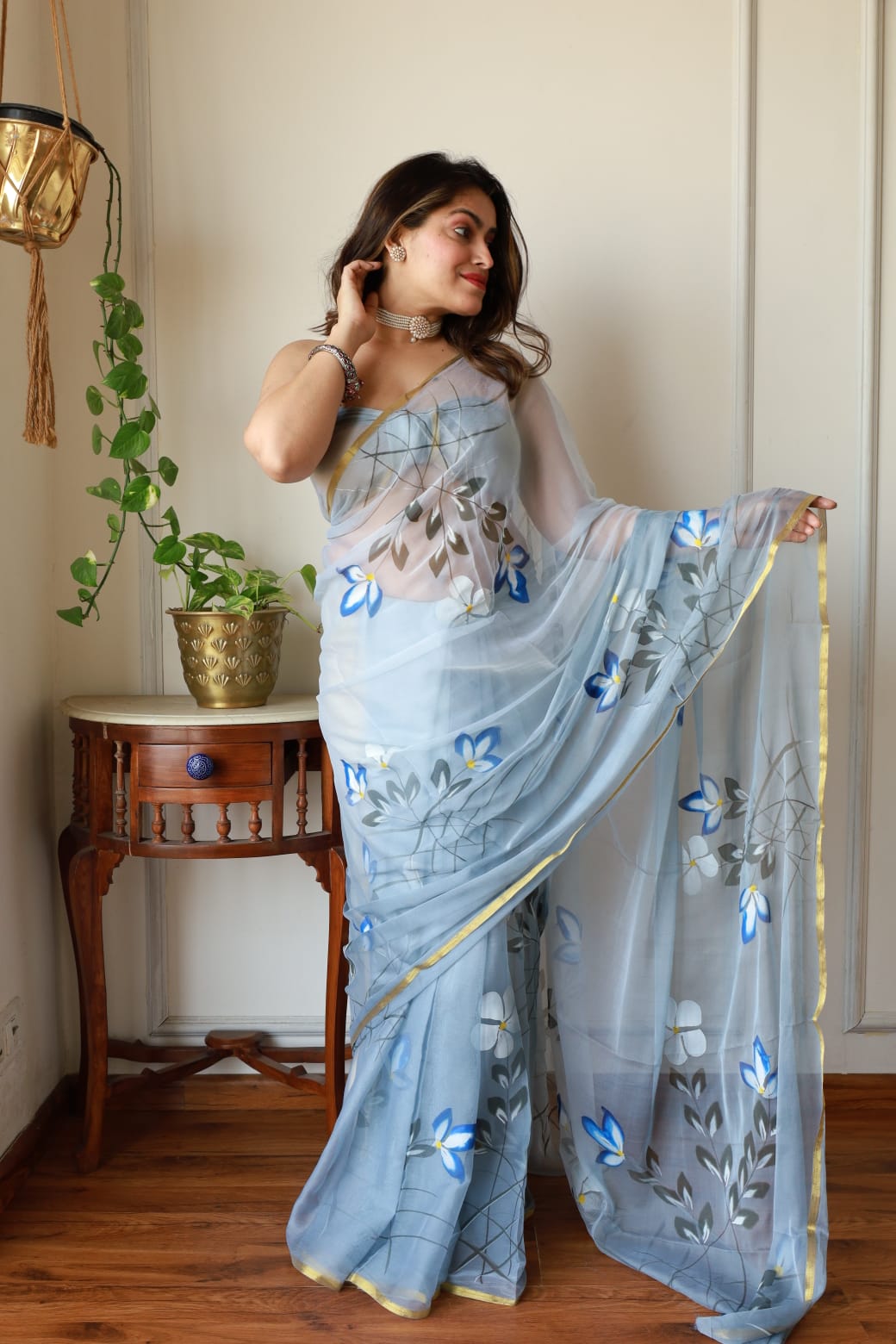 Light Blue Chiffon Zari Border Handpainted Saree – Elegant Wholesale Saree Direct from Manufacturer