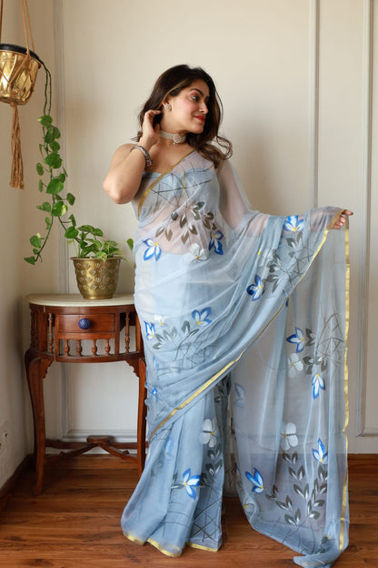 Light Blue Chiffon Zari Border Handpainted Saree – Elegant Wholesale Saree Direct from Manufacturer