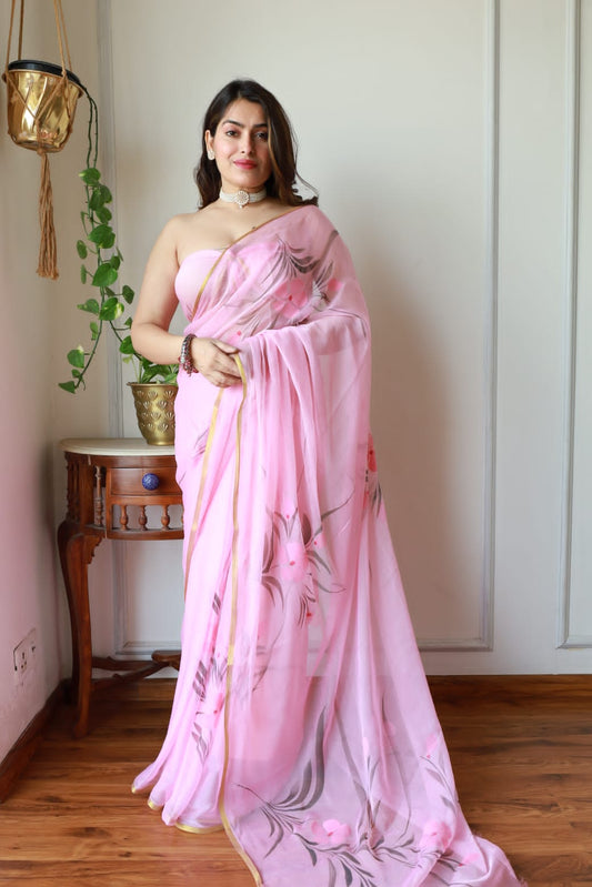 Pink Chiffon Zari Border Handpainted Saree with Floral Design – Wholesale Manufacturer India