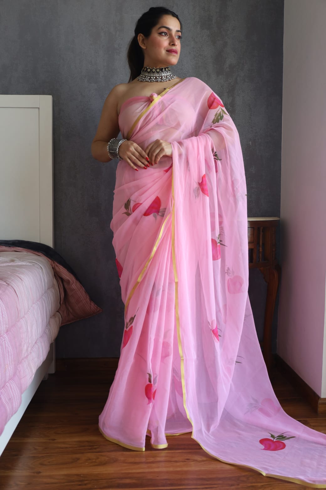 Pink Chiffon Zari Border Handpainted Saree with Pink Boota Motifs – Wholesale Boutique Saree