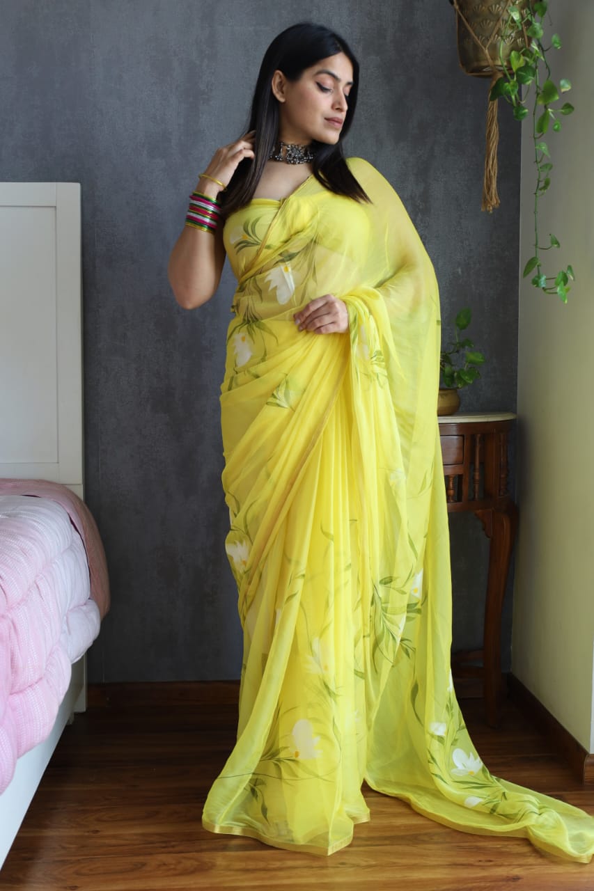 Yellow Chiffon Zari Border Handpainted Saree with Boota Motifs – Wholesale Partywear Saree