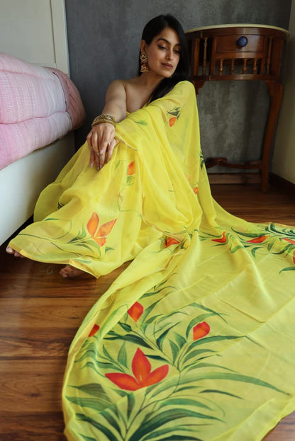 Yellow Chiffon Zari Border Handpainted Saree – Lightweight Partywear Wholesale Saree