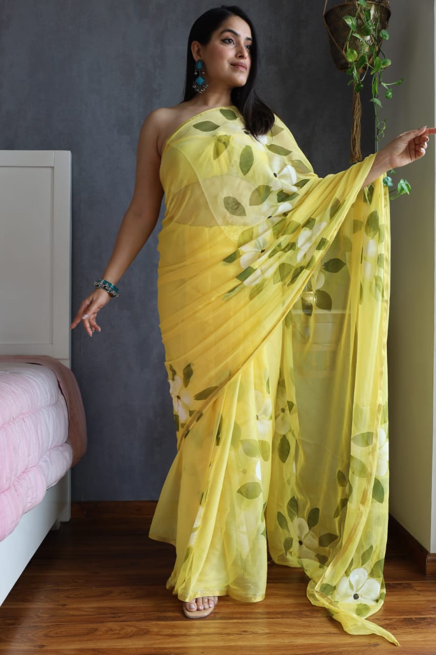 Yellow Chiffon Zari Border Handpainted Saree with Leaf Design – Wholesale Chiffon Saree