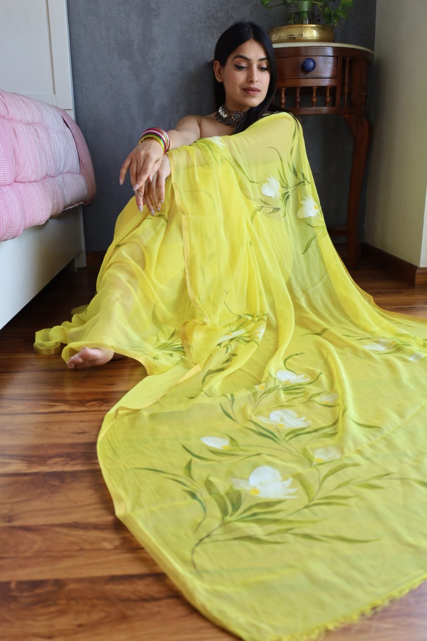 Yellow Chiffon Zari Border Handpainted Saree with White Floral Design – Wholesale Manufacturer India