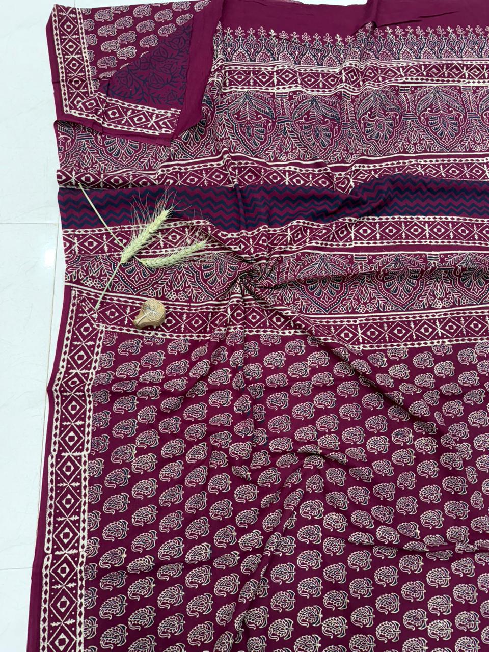 Bagru hand block printed cotton saree in dusty pink, wholesale pure cotton by Fabtexs