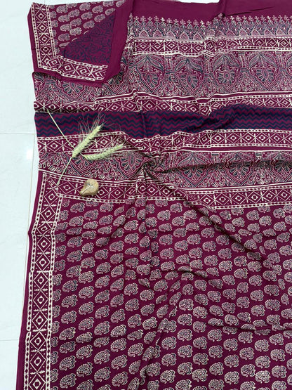 Bagru hand block printed cotton saree in dusty pink, wholesale pure cotton by Fabtexs