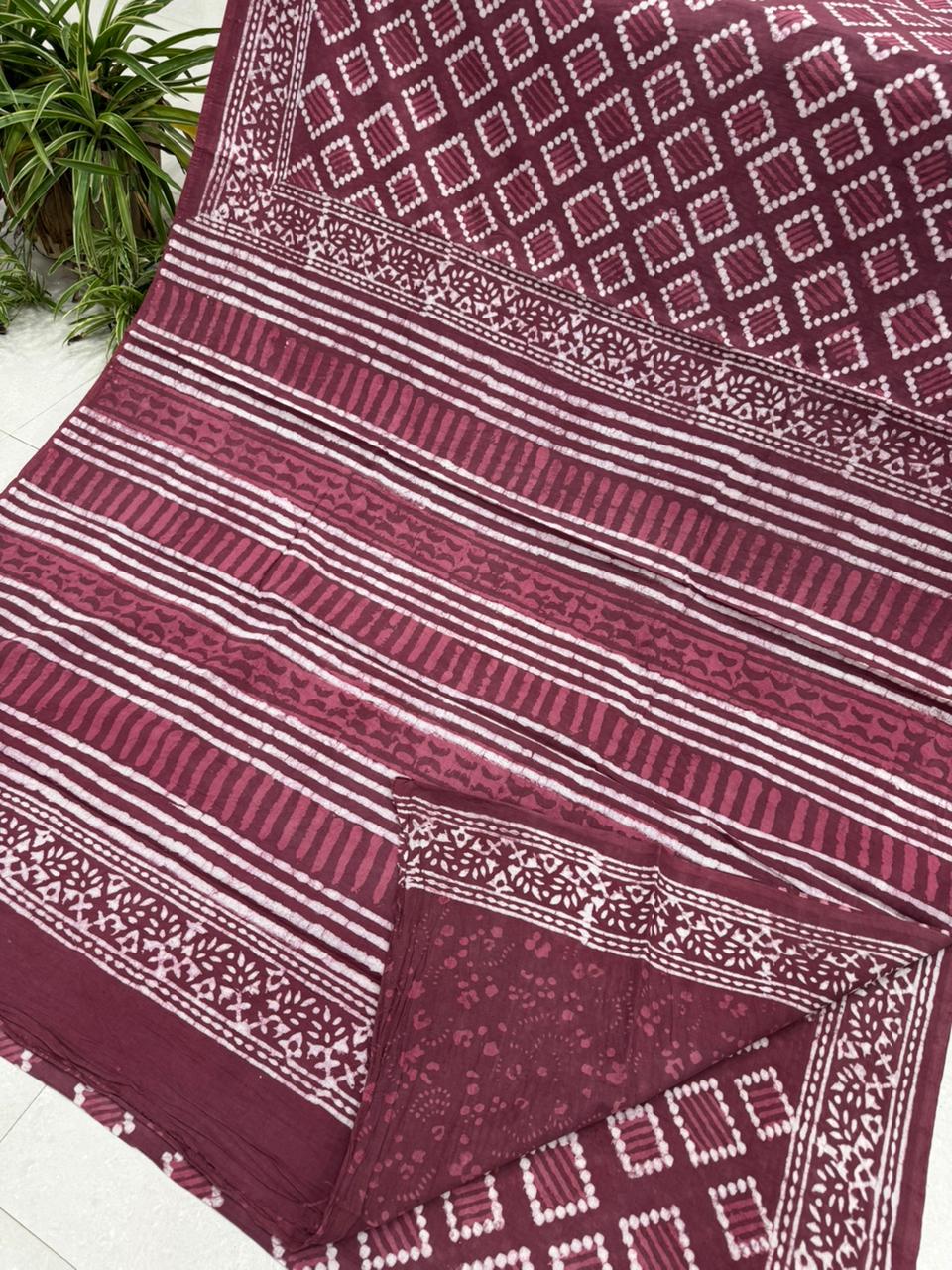 Dusty pink geometrical Bagru hand block printed cotton saree, wholesale by Fabtexs