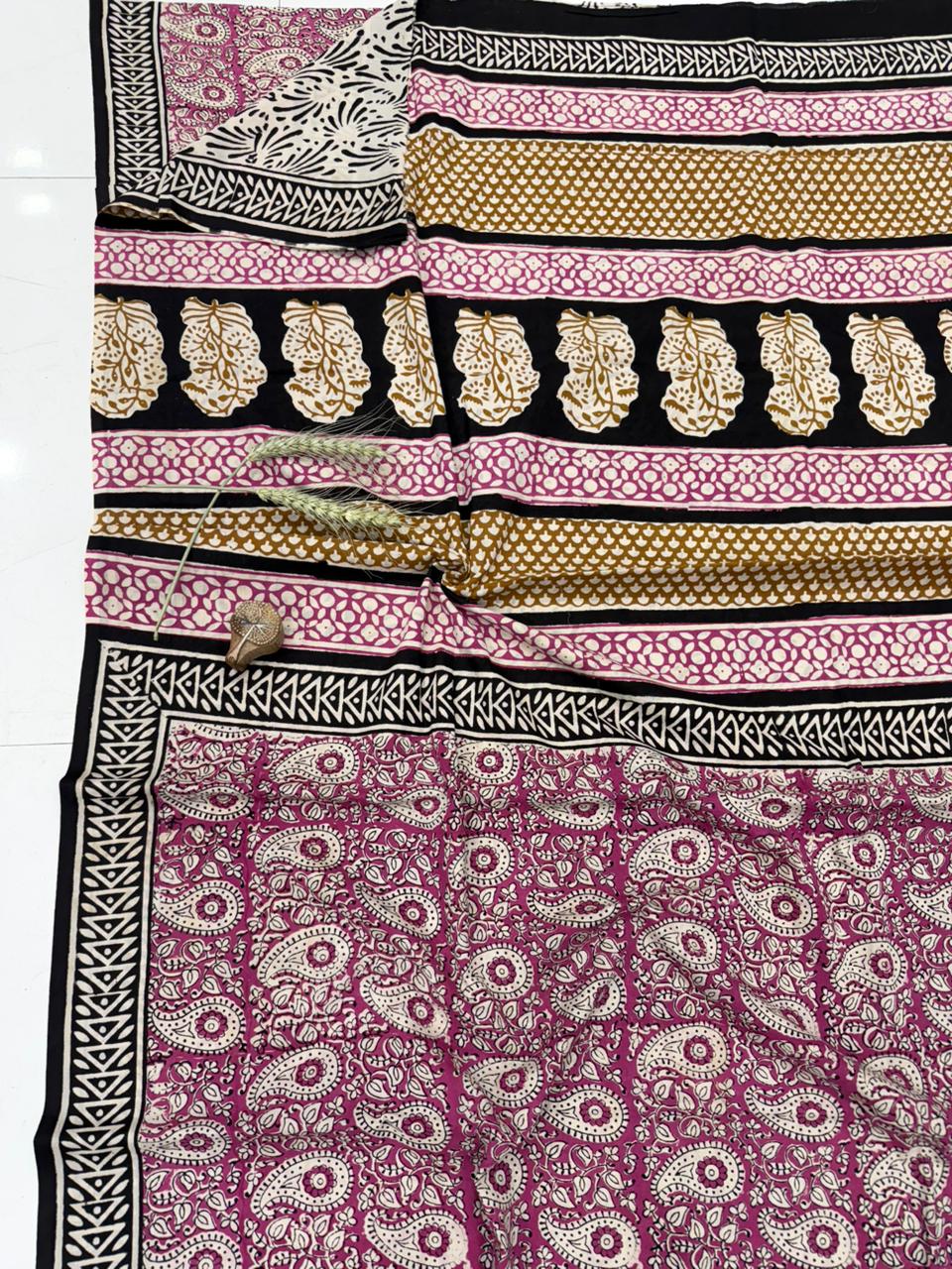 Grey Bagru cotton saree hand block printed, pure cotton wholesale by Fabtexs