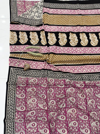 Grey Bagru cotton saree hand block printed, pure cotton wholesale by Fabtexs