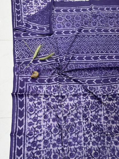 Indigo blue Bagru hand block printed cotton saree, wholesale by Fabtexs