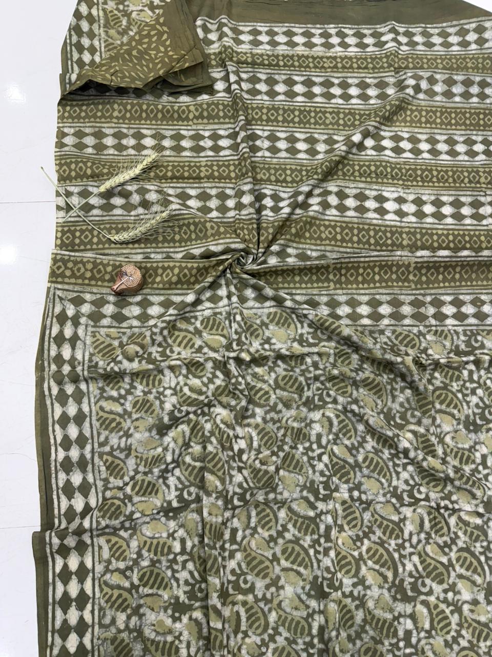 Mango yellow Bagru cotton saree hand block printed, wholesale fabric by Fabtexs