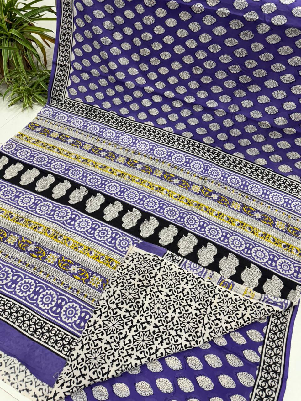 Purple and yellow Bagru hand block printed cotton saree, wholesale by Fabtexs