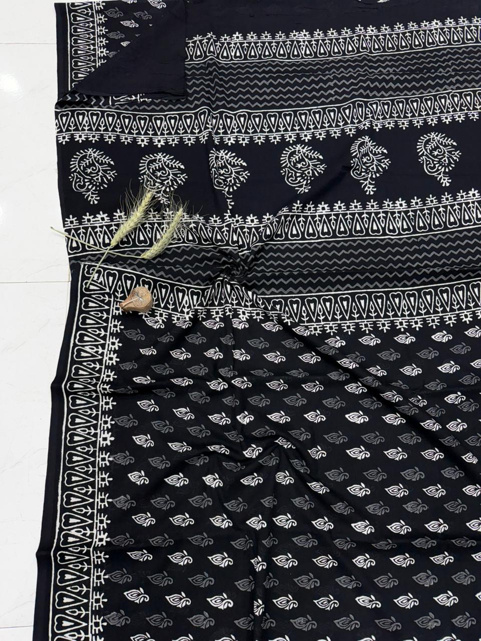 Rust black cream Bagru hand block printed cotton saree, wholesale by Fabtexs