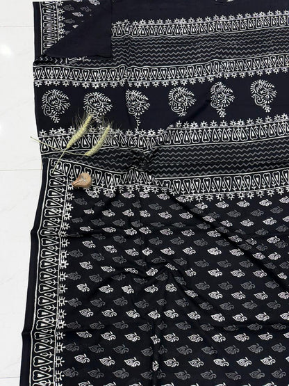 Rust black cream Bagru hand block printed cotton saree, wholesale by Fabtexs
