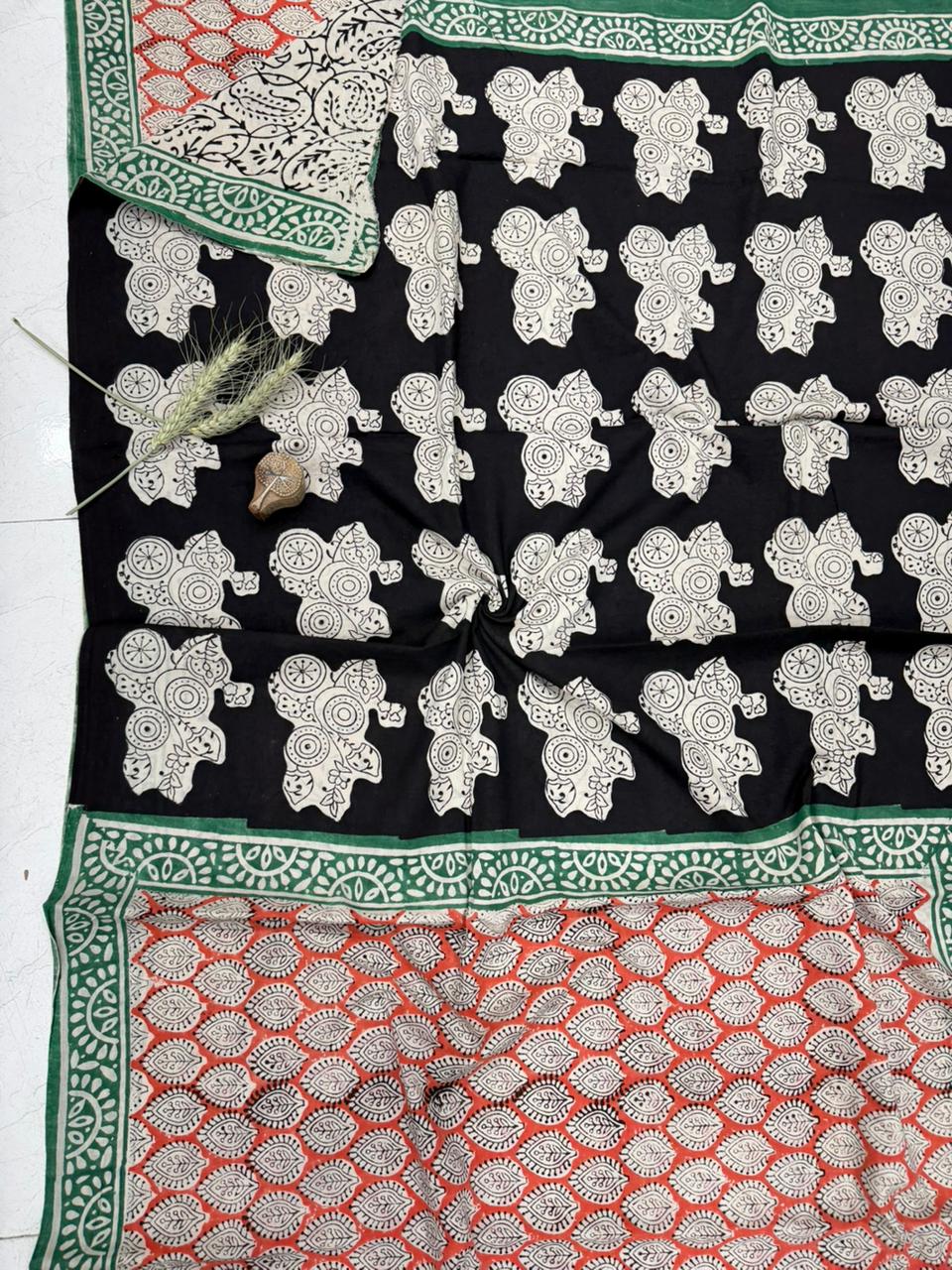 Rust and black Bagru hand block printed cotton saree, wholesale fabric by Fabtexs