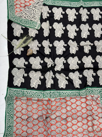 Rust and black Bagru hand block printed cotton saree, wholesale fabric by Fabtexs