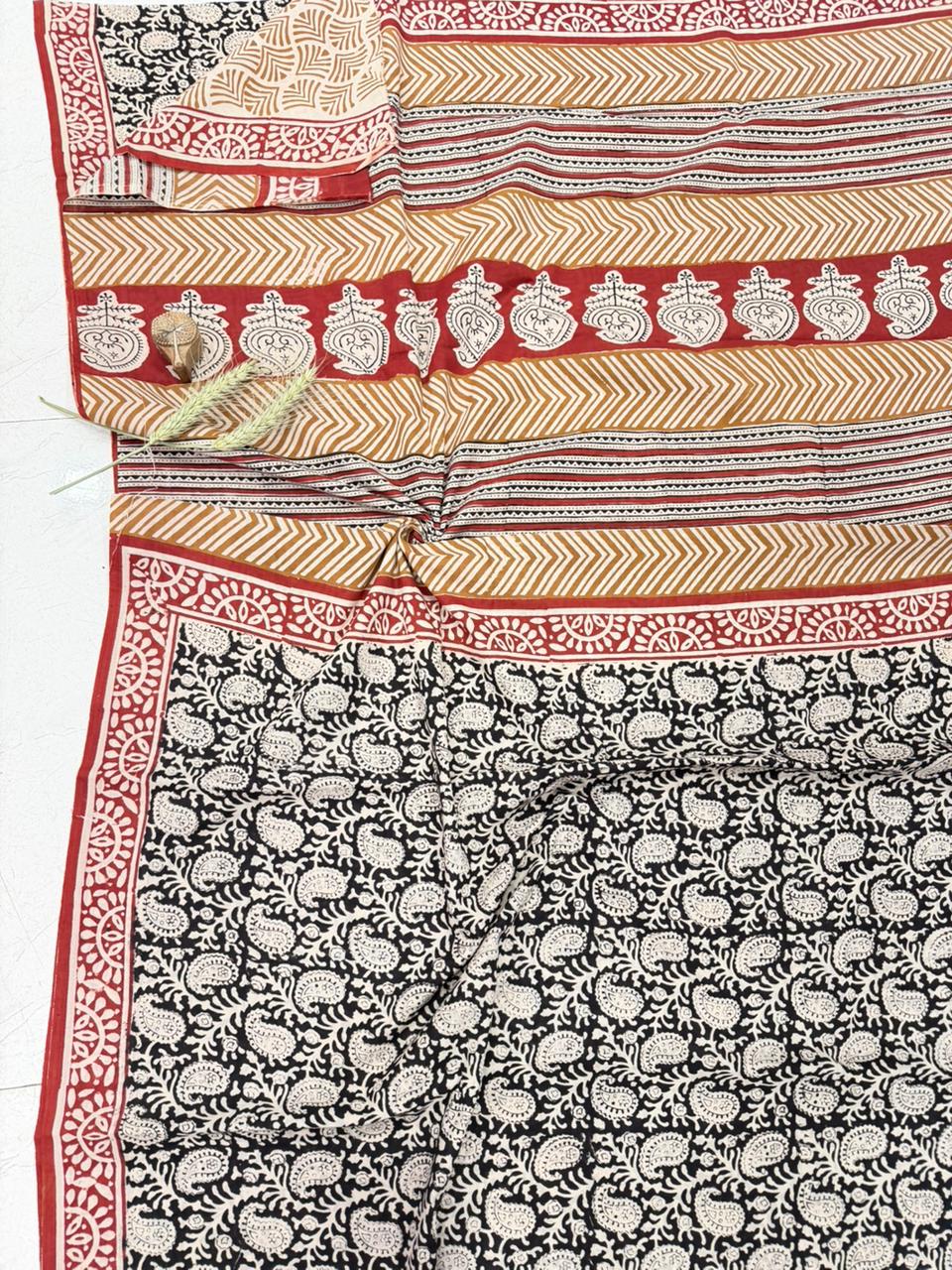 Rust colored Bagru cotton saree hand block printed, wholesale by Fabtexs