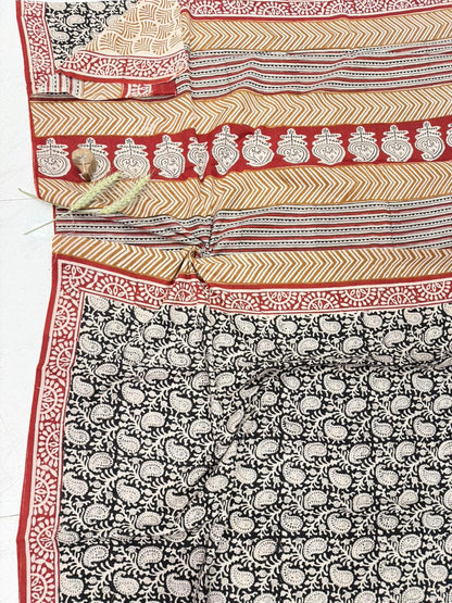 Rust colored Bagru cotton saree hand block printed, wholesale by Fabtexs