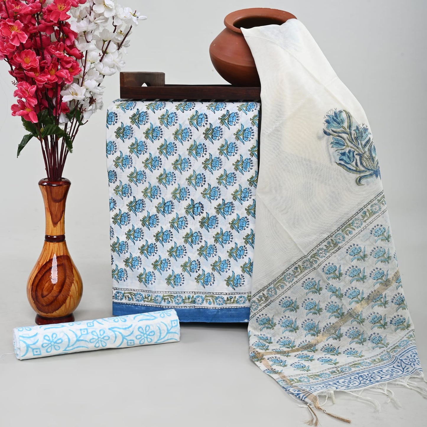 Wholesale 3pc Handblock Printed Cotton Dress Material with Chanderi Dupatta – Blue Butti Design, Artisan-Crafted in Rajasthan for Designers, Boutiques, and Bulk Orders