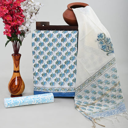 Wholesale 3pc Handblock Printed Cotton Dress Material with Chanderi Dupatta – Blue Butti Design, Artisan-Crafted in Rajasthan for Designers, Boutiques, and Bulk Orders