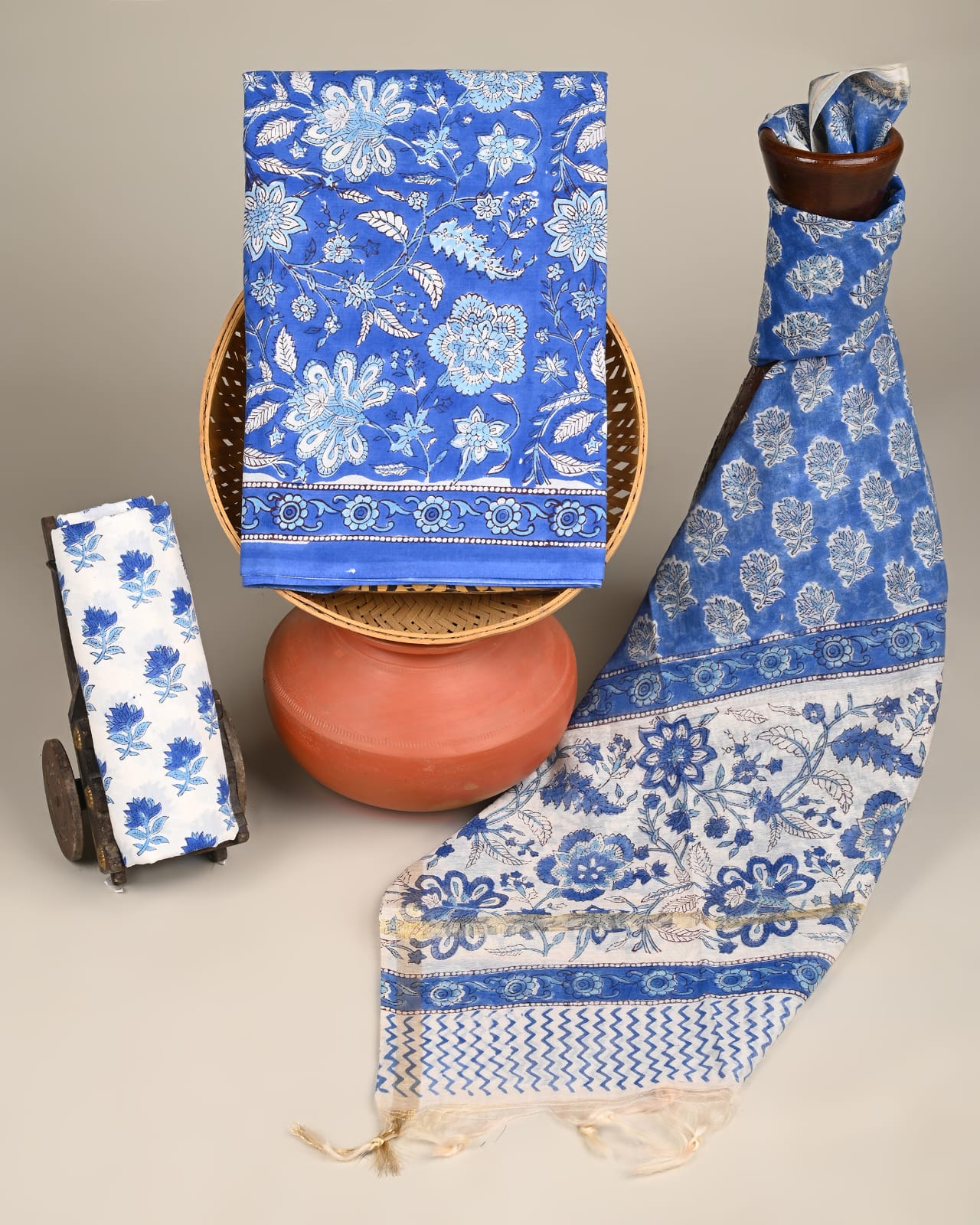 Wholesale 3pc Handblock Printed Cotton Dress Material with Chanderi Dupatta – Blue Floral Jaal Design, Artisan-Crafted in Rajasthan for Designers, Boutiques, and Bulk Orders
