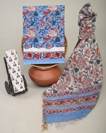 Wholesale 3pc Handblock Printed Cotton Dress Material with Chanderi Dupatta – Blue Floral Design, Artisan-Crafted in Rajasthan for Designers, Boutiques, and Bulk Orders