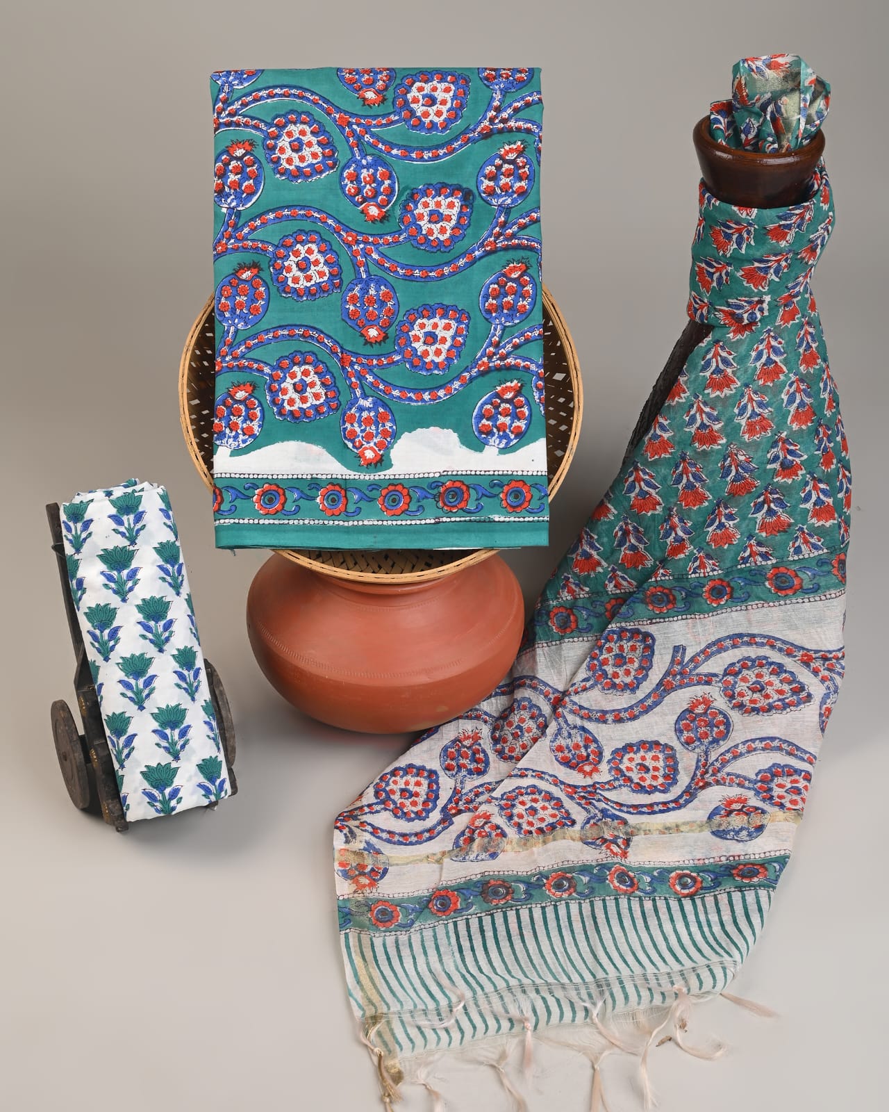 Wholesale 3pc Handblock Printed Cotton Dress Material with Chanderi Dupatta – Blue Jaal Design, Artisan-Crafted in Rajasthan for Designers, Boutiques, and Bulk Orders