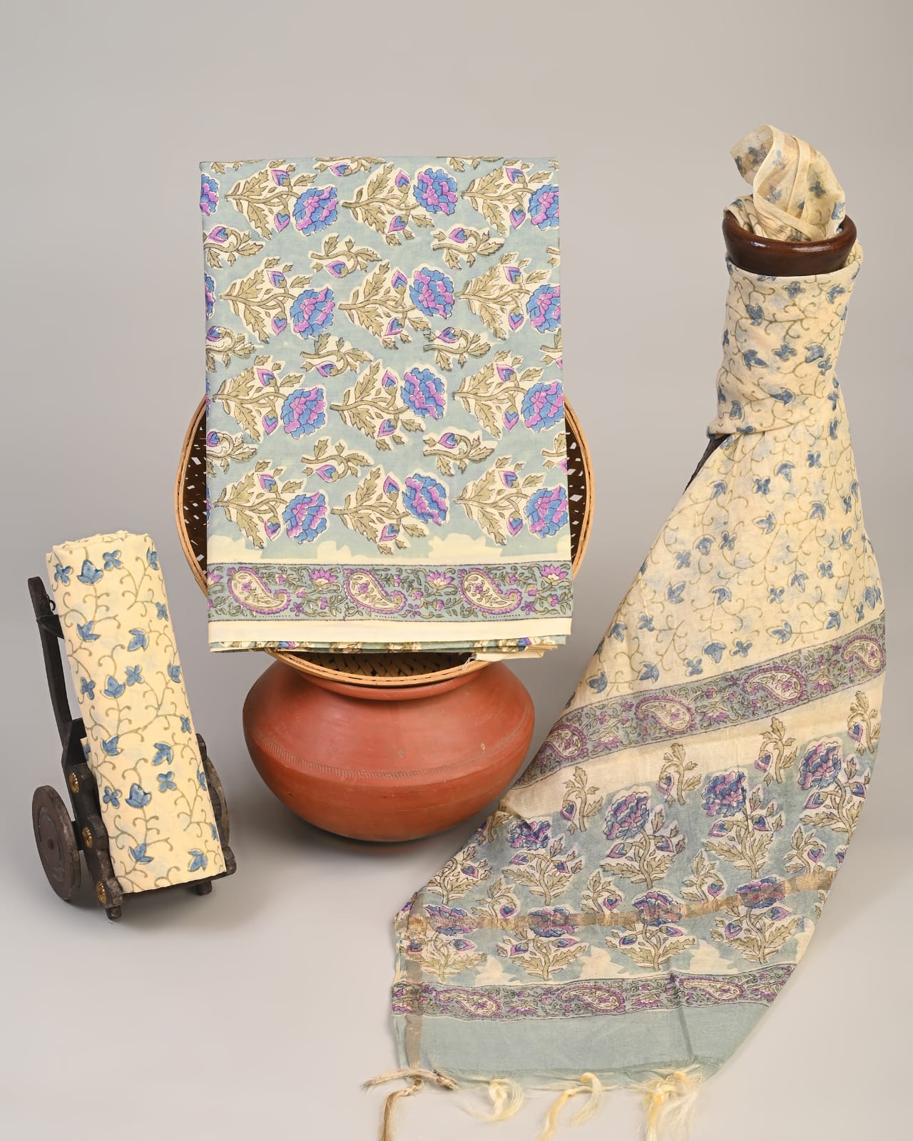 Wholesale 3pc Handblock Printed Cotton Dress Material with Chanderi Dupatta – Blue Rose Butti Design, Artisan-Crafted in Rajasthan for Designers, Boutiques, and Bulk Orders