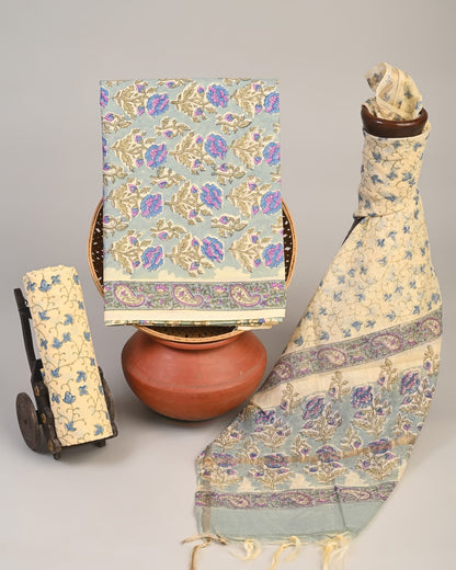 Wholesale 3pc Handblock Printed Cotton Dress Material with Chanderi Dupatta – Blue Rose Butti Design, Artisan-Crafted in Rajasthan for Designers, Boutiques, and Bulk Orders