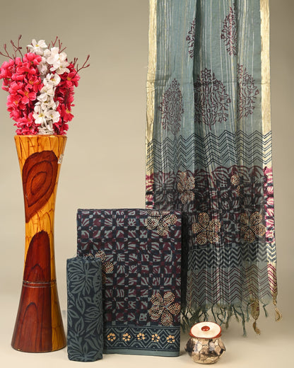 Chanderi Silk Suit Material Wholesale – Handblock Printed Cotton with Silk Dupatta