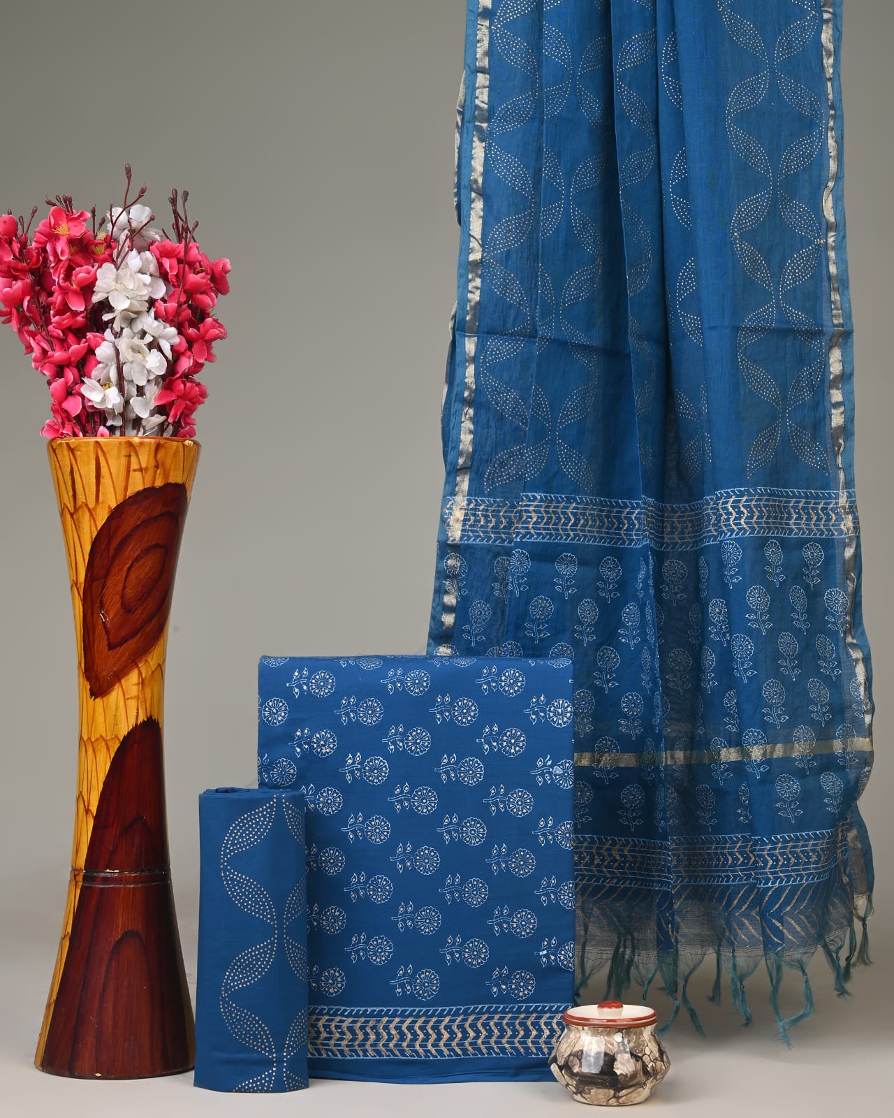 Chanderi Silk Suit Material Wholesale – Handblock Printed Cotton with Silk Dupatta